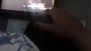 Black babe squirts on cock during movie night