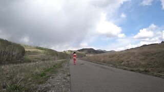 Walking on the Road Naked Slender Girl in Heels with a Hairy Pussy