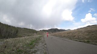 Walking on the Road Naked Slender Girl in Heels with a Hairy Pussy