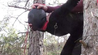Tied up to a Tree Outdoor on Sexy Clothes, Wearing Pantyhose and High Ankle Boots Heels, Rough Fuck