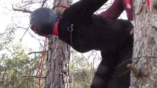 Tied up to a Tree Outdoor on Sexy Clothes, Wearing Pantyhose and High Ankle Boots Heels, Rough Fuck