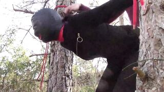 Tied up to a Tree Outdoor on Sexy Clothes, Wearing Pantyhose and High Ankle Boots Heels, Rough Fuck