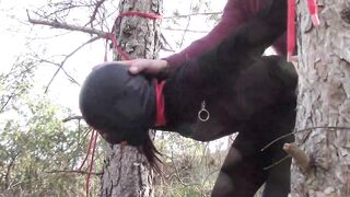 Tied up to a Tree Outdoor on Sexy Clothes, Wearing Pantyhose and High Ankle Boots Heels, Rough Fuck