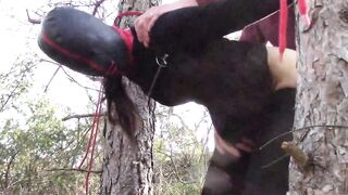 Tied up to a Tree Outdoor on Sexy Clothes, Wearing Pantyhose and High Ankle Boots Heels, Rough Fuck