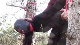 Tied up to a Tree Outdoor on Sexy Clothes, Wearing Pantyhose and High Ankle Boots Heels, Rough Fuck