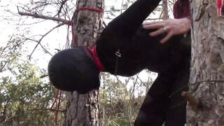 Tied up to a Tree Outdoor on Sexy Clothes, Wearing Pantyhose and High Ankle Boots Heels, Rough Fuck