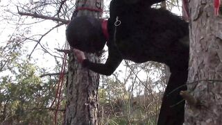 Tied up to a Tree Outdoor on Sexy Clothes, Wearing Pantyhose and High Ankle Boots Heels, Rough Fuck