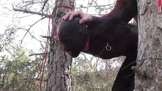 Tied up to a Tree Outdoor on Sexy Clothes, Wearing Pantyhose and High Ankle Boots Heels, Rough Fuck