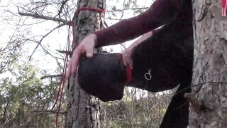 Tied up to a Tree Outdoor on Sexy Clothes, Wearing Pantyhose and High Ankle Boots Heels, Rough Fuck