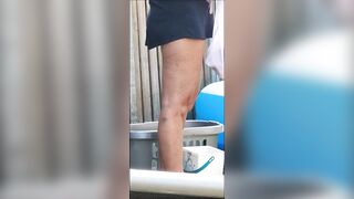 Wife no panties hanging laundry in the garden