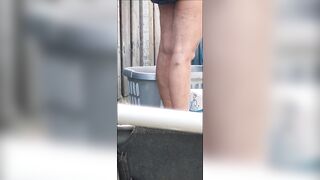Wife no panties hanging laundry in the garden