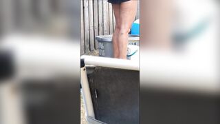 Wife no panties hanging laundry in the garden