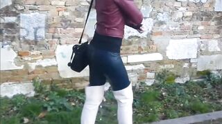 CUTE HOT BLONDE OUTDOOR LATEX AND LEATHER