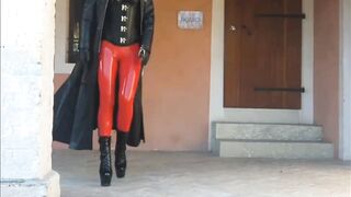 CUTE HOT BLONDE OUTDOOR LATEX AND LEATHER
