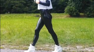 CUTE HOT BLONDE OUTDOOR LATEX AND LEATHER