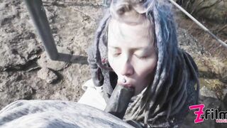 Catched while wild public sex on a ruine - POV, tattoo couple, split tounge blow job - punk, goth - ZF019