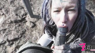 Catched while wild public sex on a ruine - POV, tattoo couple, split tounge blow job - punk, goth - ZF019