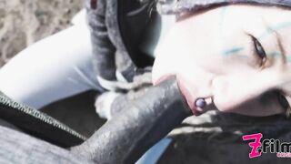 Catched while wild public sex on a ruine - POV, tattoo couple, split tounge blow job - punk, goth - ZF019