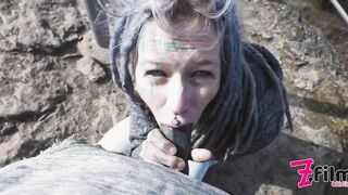 Catched while wild public sex on a ruine - POV, tattoo couple, split tounge blow job - punk, goth - ZF019