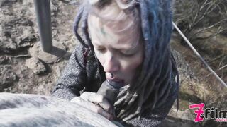Catched while wild public sex on a ruine - POV, tattoo couple, split tounge blow job - punk, goth - ZF019
