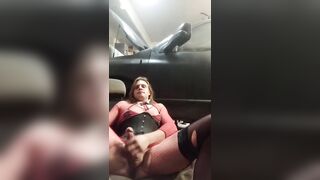 Crossdressing sissy blows huge load all over self while wife snoozes cluelessly