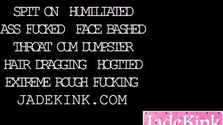 Submissive girl talks down on herself while being throat reamed with a giant purple dildo