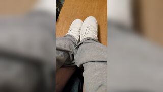 Rubbing his cock with white shoes