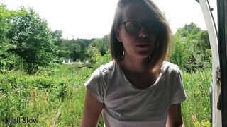 POV Beautiful amateur sex in the car near the lake and cum on hat - Kibli Slow