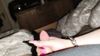 I jerk off his little dick with my long nails until he cums himself in the face