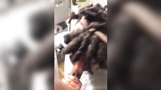 Sexy homebody ebony with locs sucks bbc in bathroom cumshot
