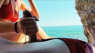 Giving My stepuncle a Handjob at the Beach