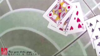 Strip-poker game. Lucky guy and naked girlfriend. Gambling striptease poker