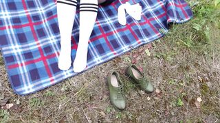 Schoolgirl in white knee socks dress black foot feet fetish under skirt