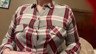 Tit teasing in button up shirt, braless