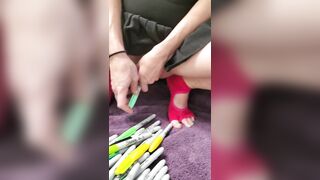 Petite Girl in Cute Socks Stretches her Pussy around 34 Markers Sharpie Challenge Day 17! 4k