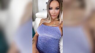 Beautiful Monika Fox Poses In A Luxurious Blue Dress & Teases Pussy