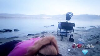 Hot redhead milf Dani Rae Diamond slurps cock at sunset on a public beach