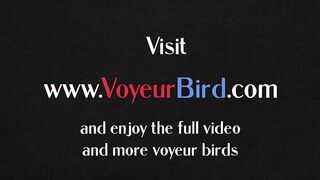 Busty redhead voyeur in heels teasing guy who stroking cock