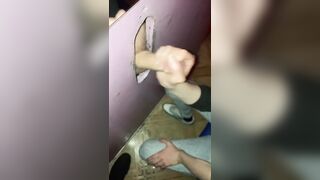 Two dicks one girl and handjob in Glory Hole