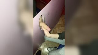 Two dicks one girl and handjob in Glory Hole