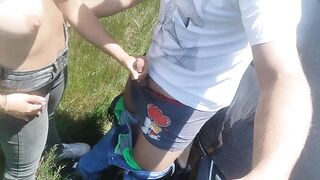 I'm going with my boyfriend's friend on a trip, we stop in the car and I suck his dick by the road.