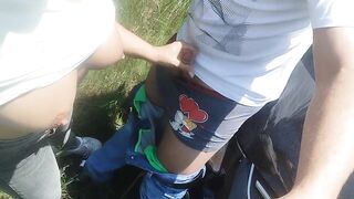 I'm going with my boyfriend's friend on a trip, we stop in the car and I suck his dick by the road.