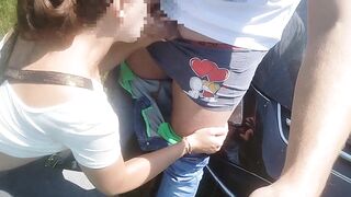 I'm going with my boyfriend's friend on a trip, we stop in the car and I suck his dick by the road.