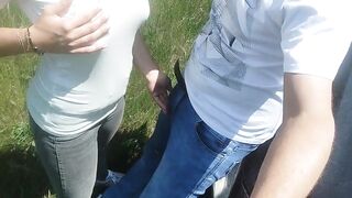 I'm going with my boyfriend's friend on a trip, we stop in the car and I suck his dick by the road.