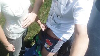 I'm going with my boyfriend's friend on a trip, we stop in the car and I suck his dick by the road.