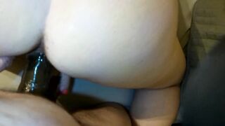 Pussy takes a full 12" black strap on with cum