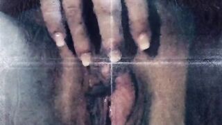 Playing with my big clit and juicy pussy in public hoping not to get caught