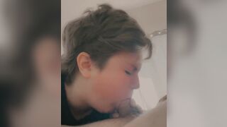 cutie with short hair gags on dick