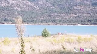 Amazing redhead Sofia Santana wants to bang random guys next to the lake!