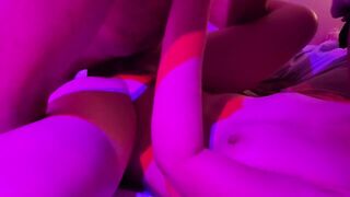MMF where bi couple enjoy their guest's big cock together before wifey gets a big load